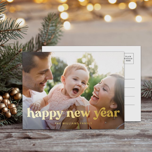 Happy New Year Gold Minimal Photo Foil Holiday Postcard (Creator Uploaded)