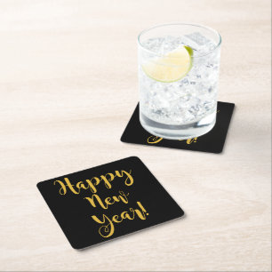 Happy New Year Gold On Black Charming Chic Square Paper Coaster
