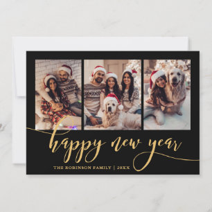 Happy New Year Gold Script 3 Photo Collage Black  Holiday Card