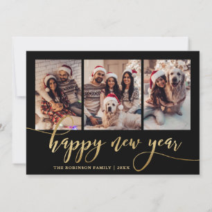 Happy New Year Gold Script Black 3 Photo Collage Holiday Card