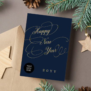 Happy New Year gold script business corporate logo Holiday Card