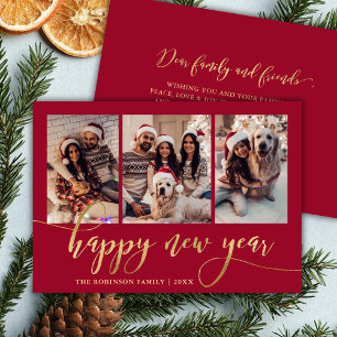 Happy New Year Gold Script Red 3 Photo Collage Holiday Card
