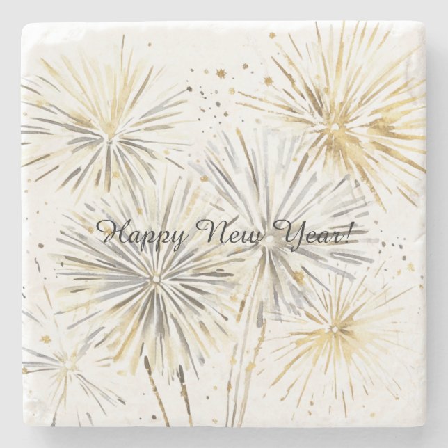 Happy New Year Gold Silver Fireworks Stone Coaster (Front)