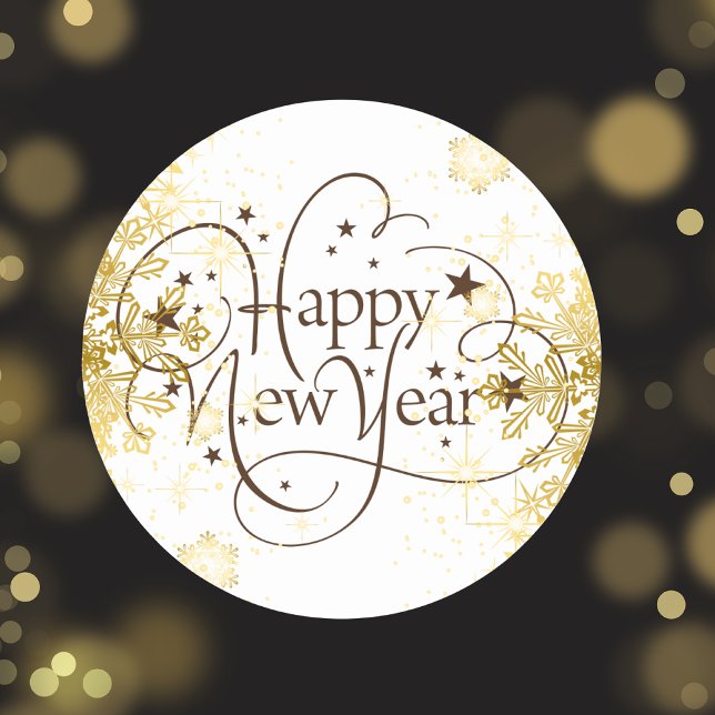 Happy New Year Gold Snowflake Classic Round Sticker (Creator Uploaded)