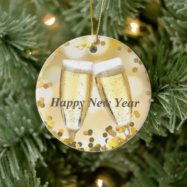 Happy New Year Gold Sparkle Champagne Ceramic Tree Decoration (Tree)