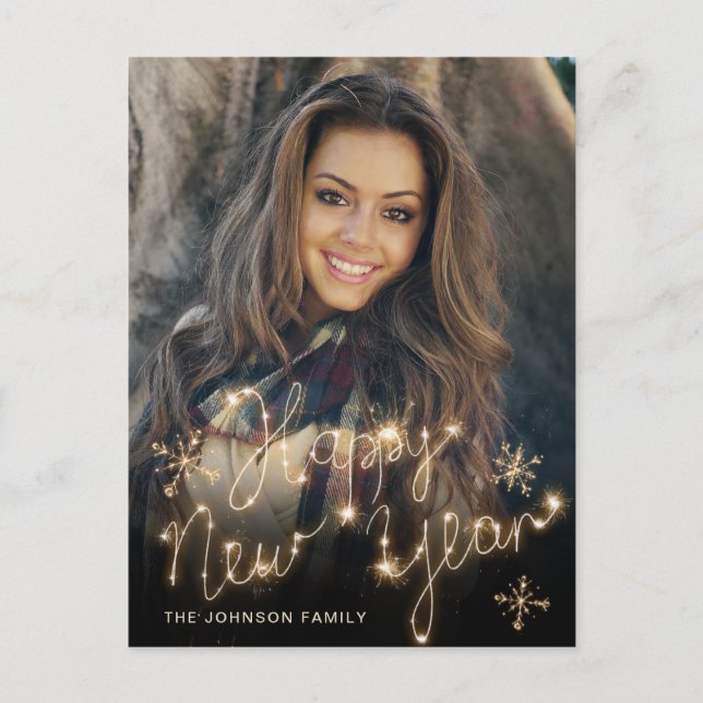 Happy New Year Gold Sparkle Script PHOTO Greeting Postcard (Front)