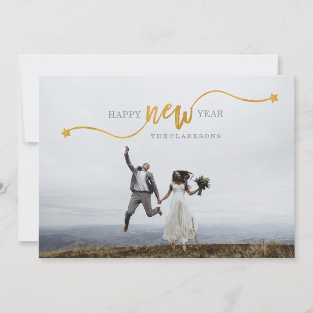Happy New Year Gold Star Script Photo Card (Front)