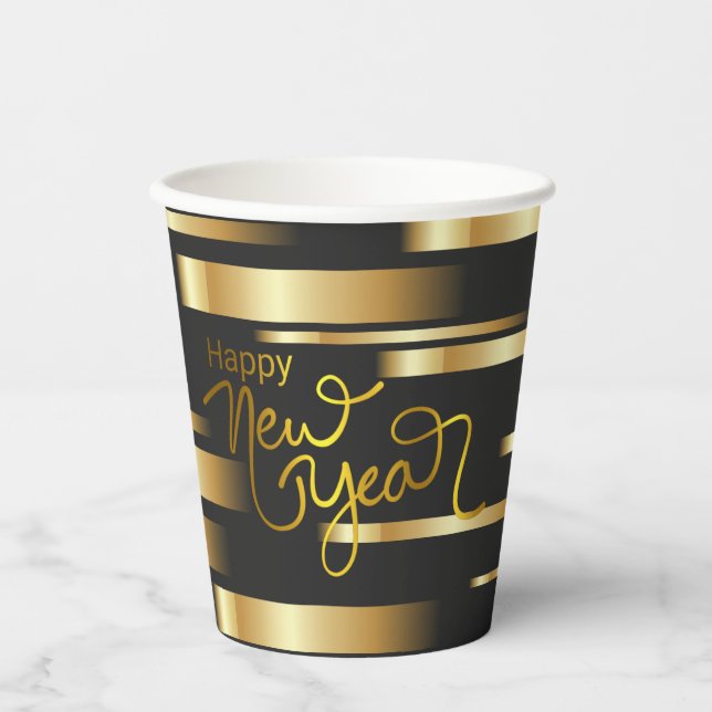 Happy New Year Gold Striped Paper Cups (Front)