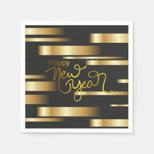Happy New Year Gold Striped Paper Napkin