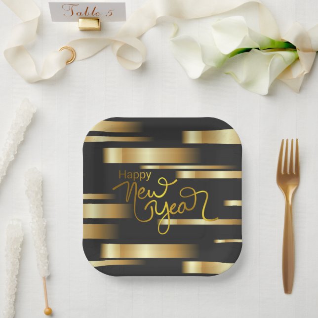 Happy New Year Gold Striped Paper Plate (Wedding)