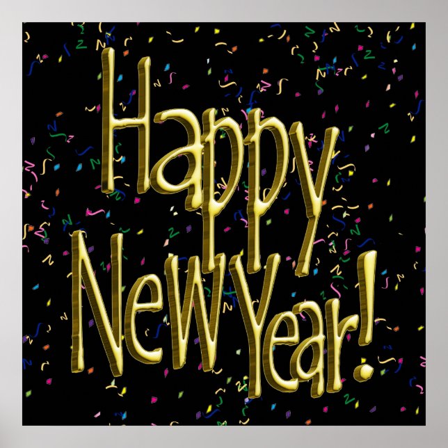 Happy New Year - Gold Text on Black Confetti Poster (Front)