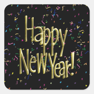 Happy New Year - Gold Text on Black Confetti Square Sticker