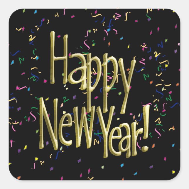 Happy New Year - Gold Text on Black Confetti Square Sticker (Front)