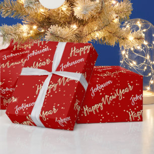 Happy New Year Golden Script Custom Name Red Wrapping Paper