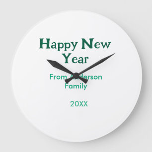 Happy new year green add family name year simple large clock