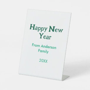 Happy new year green add family name year simple pedestal sign