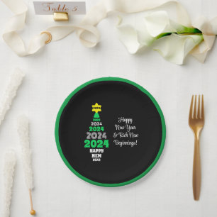 Happy New Year Green and White Festive Fun Paper Plate