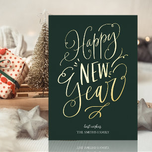 Happy New Year Green Gold Script Modern Non Photo