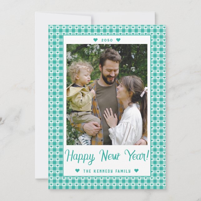 Happy New Year Green Heart Gingham Plaid Photo Holiday Card (Front)