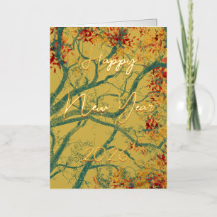Happy New Year green tree red leaves Foil Greeting Card