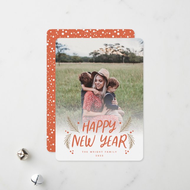 Happy New Year Hand drawn Pine Berries Red Photo Holiday Card (Front/Back In Situ)