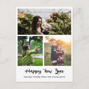 Happy New Year Handwritten Script Three Photos Holiday Postcard