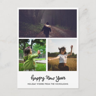 Happy New Year Handwritten Script Three Photos Holiday Postcard