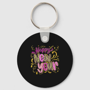 Happy New Year Hello 2026 Retro Leopard Key Ring