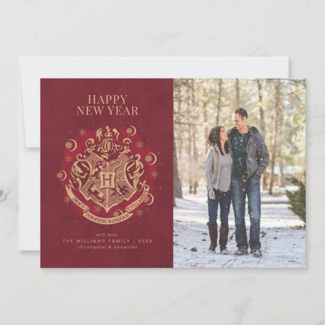 Happy New Year | HOGWARTS™ Crest Family Photo  Holiday Card (Front)