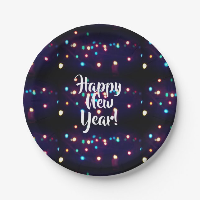Happy New Year Holiday Lights Paper Plate (Front)