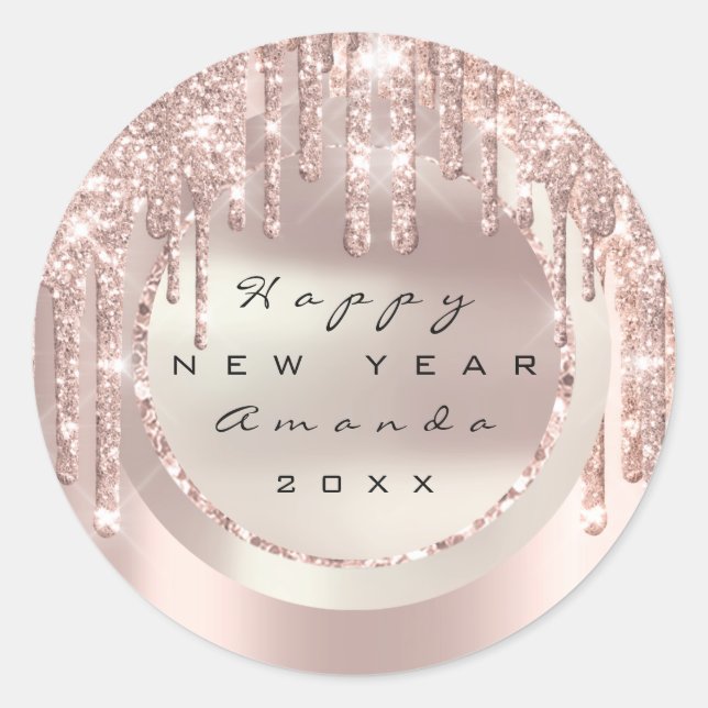 Happy New Year Holiday Name Glitter Rose Sparkly Classic Round Sticker (Front)
