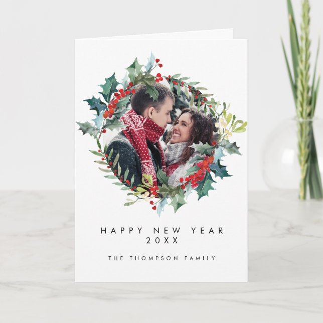 Happy New Year holly holiday photo card (Front)