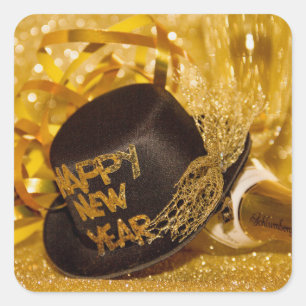 Happy New Year in gold and black Square Sticker