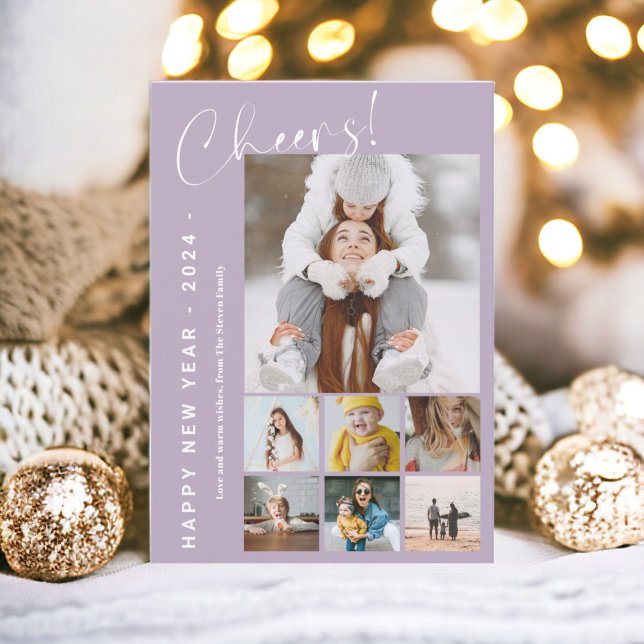 Happy New Year in review  cheers 9 photo lavender Holiday Card (Happy New Year in review cheers 9 photo lavender Holiday Card)