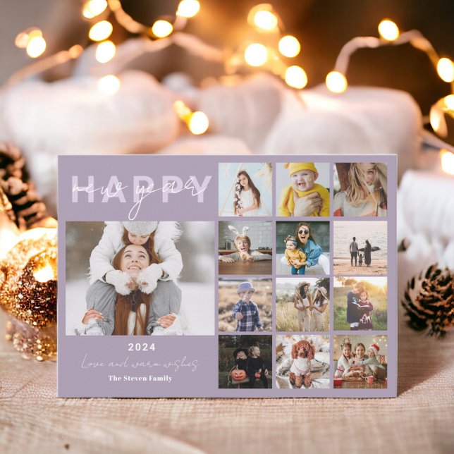 Happy New Year in review script 15 photos lavender Holiday Card (Happy New Year in review script 15 photos lavender Holiday Card)