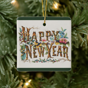 Happy New Year in Tree Trunks, Acorns and Flowers Ceramic Ornament