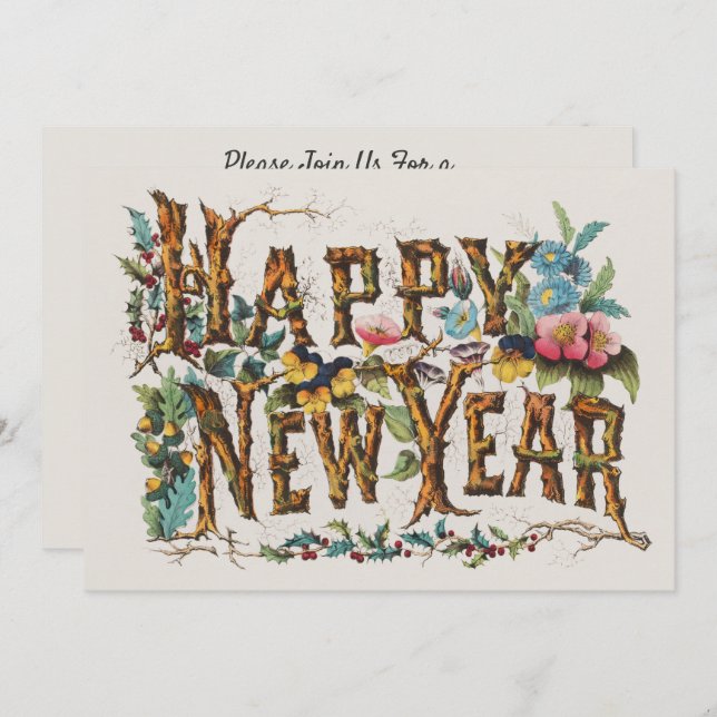 Happy New Year in Tree Trunks, Acorns and Flowers Invitation (Front/Back)