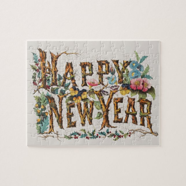 Happy New Year in Tree Trunks, Acorns and Flowers Jigsaw Puzzle (Horizontal)