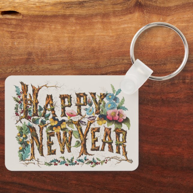 Happy New Year in Tree Trunks, Acorns and Flowers Key Ring (Front)