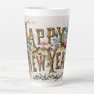 Happy New Year in Tree Trunks, Acorns and Flowers Latte Mug