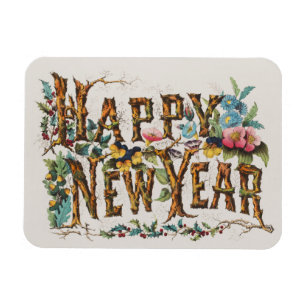 Happy New Year in Tree Trunks, Acorns and Flowers Magnet