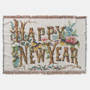 Happy New Year in Tree Trunks, Acorns and Flowers Throw Blanket