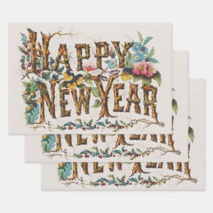 Happy New Year in Tree Trunks, Acorns and Flowers Wrapping Paper Sheet