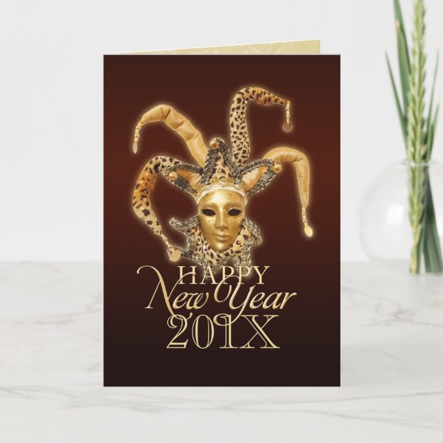 Happy New Year Jester Venetian Mask card (Front)