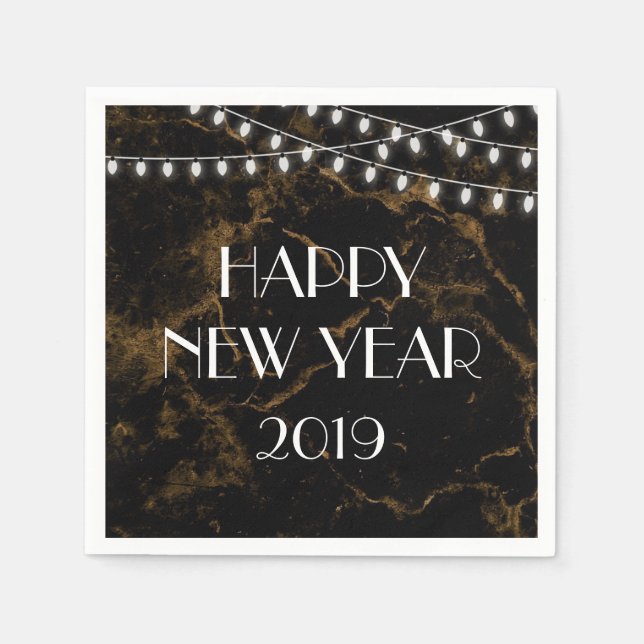 Happy New Year Lights Gold Black Marble Napkin (Front)