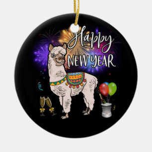 Happy New Year Llama Alpaca Firework Ceramic Tree Decoration