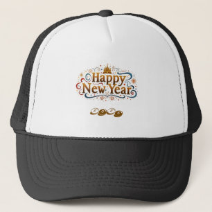 Happy New Year logo printed 2026 White Black colou Trucker Hat