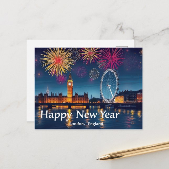 Happy New Year London Fireworks Over Big Ben Postcard (Front/Back In Situ)