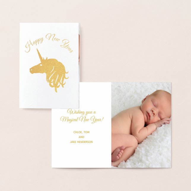 Happy New Year Magical Unicorn Photo Gold Foil Card (Display)