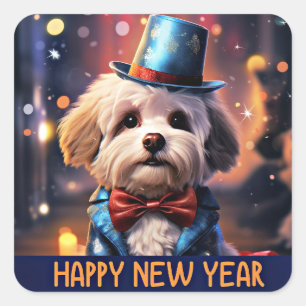 Happy New Year, Maltese Toy Poodle, Square Sticker